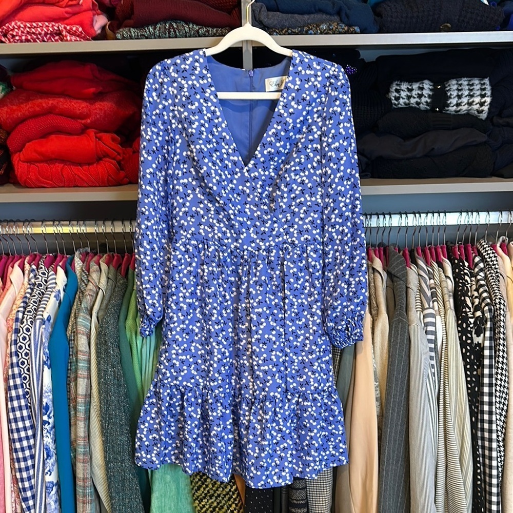 Eliza J blue/white print long sleeve neck zipper closure v neck dress size 0
